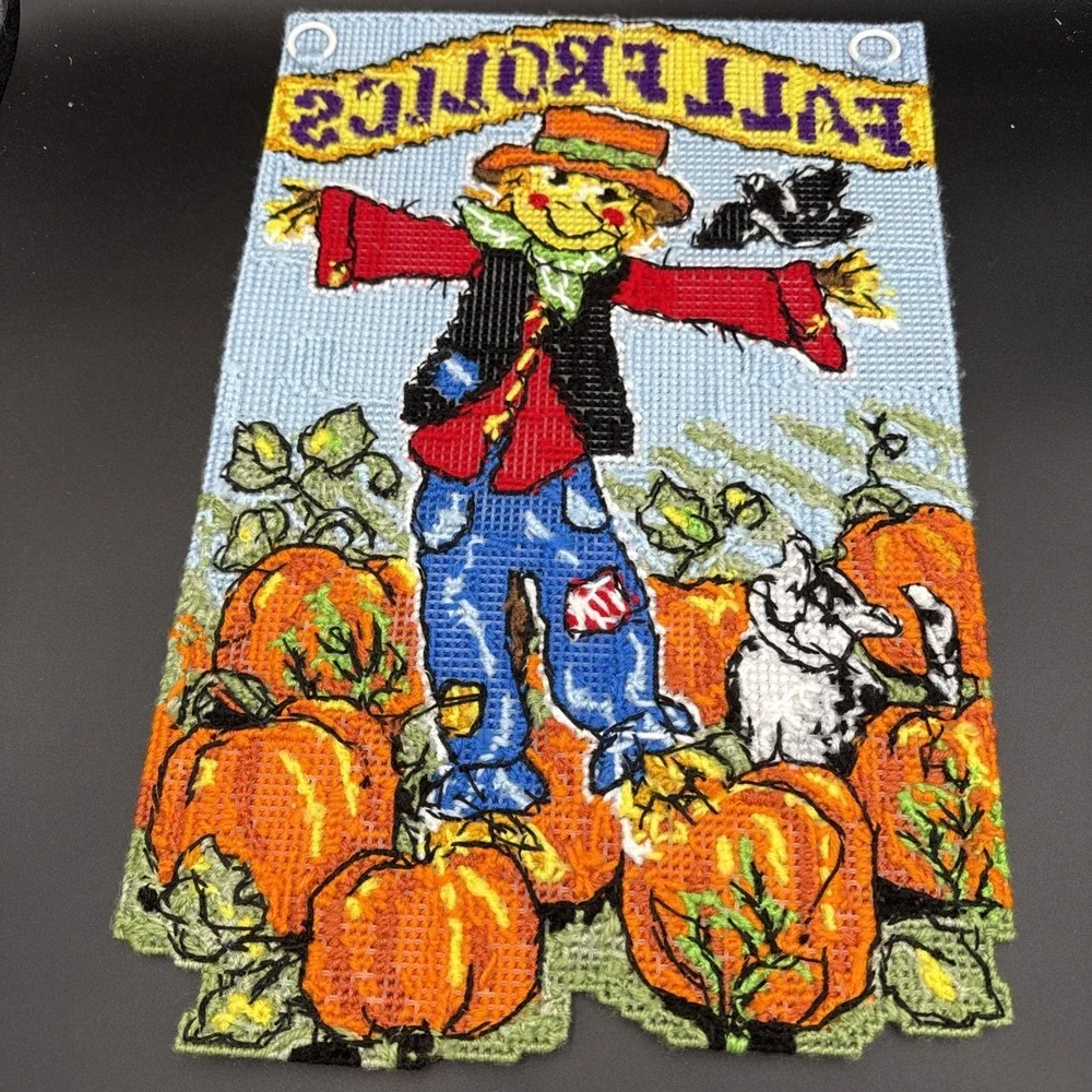 Plastic Canvas Fall Wall Decor Completed Scarecrow Pumpkins 12 X 18